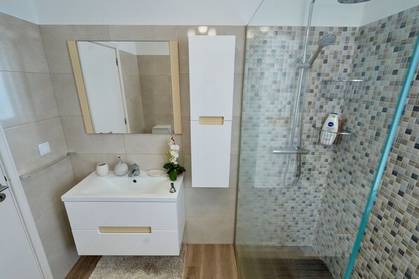 Douche, séchoir à cheveux, serviettes fournies
