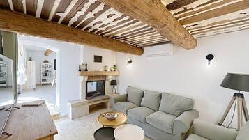 TV connectée, cheminée, livres