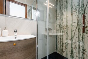 Shower, hair dryer, towels