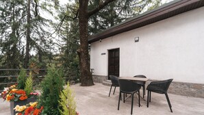 An outdoor patio with a table and chairs, surrounded by potted plants and trees. - Chateau Sinaia (Sinaia)