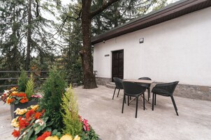 Un patio al aire libre con una mesa y sillas, rodeado de plantas en macetas y árboles.