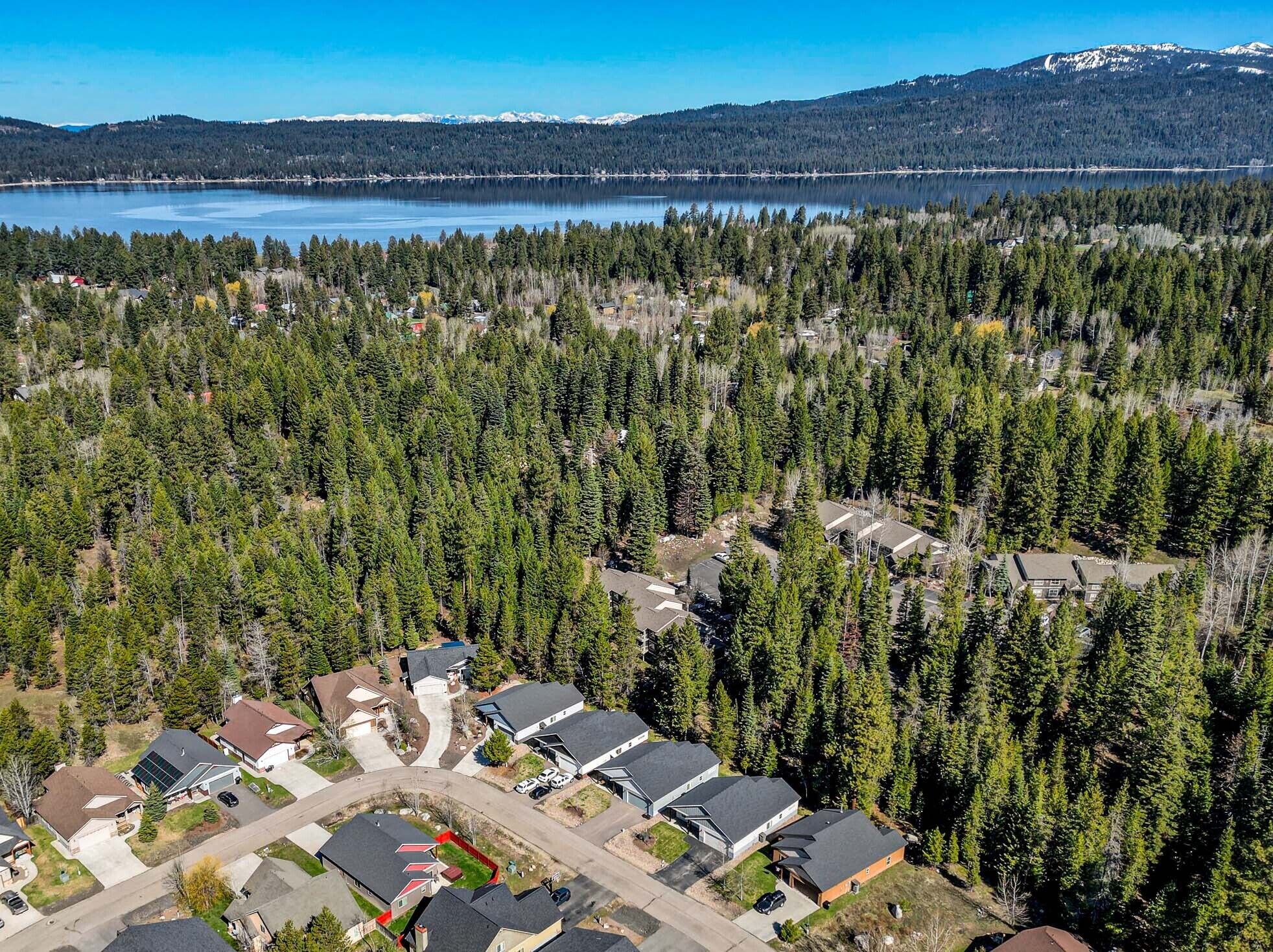 An aerial view of a residential area with houses surrounded by dense forests and a lake in the background.