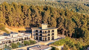 A modern multi-story building with a flat roof, surrounded by dense forest.