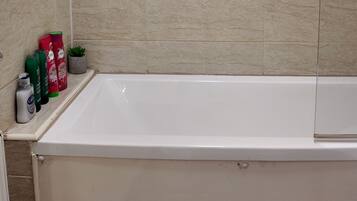 Hair dryer, towels, soap, toilet paper