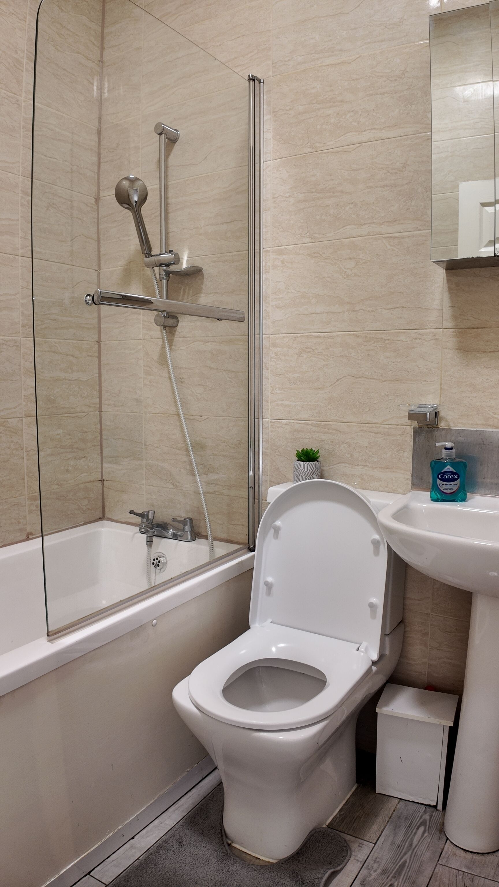 Secadora de cabello, toallas, jabón, papel de baño 