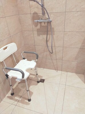 Dusche, Haartrockner, Handtücher, Toilettenpapier