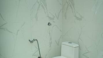 Shower, free toiletries, towels, soap