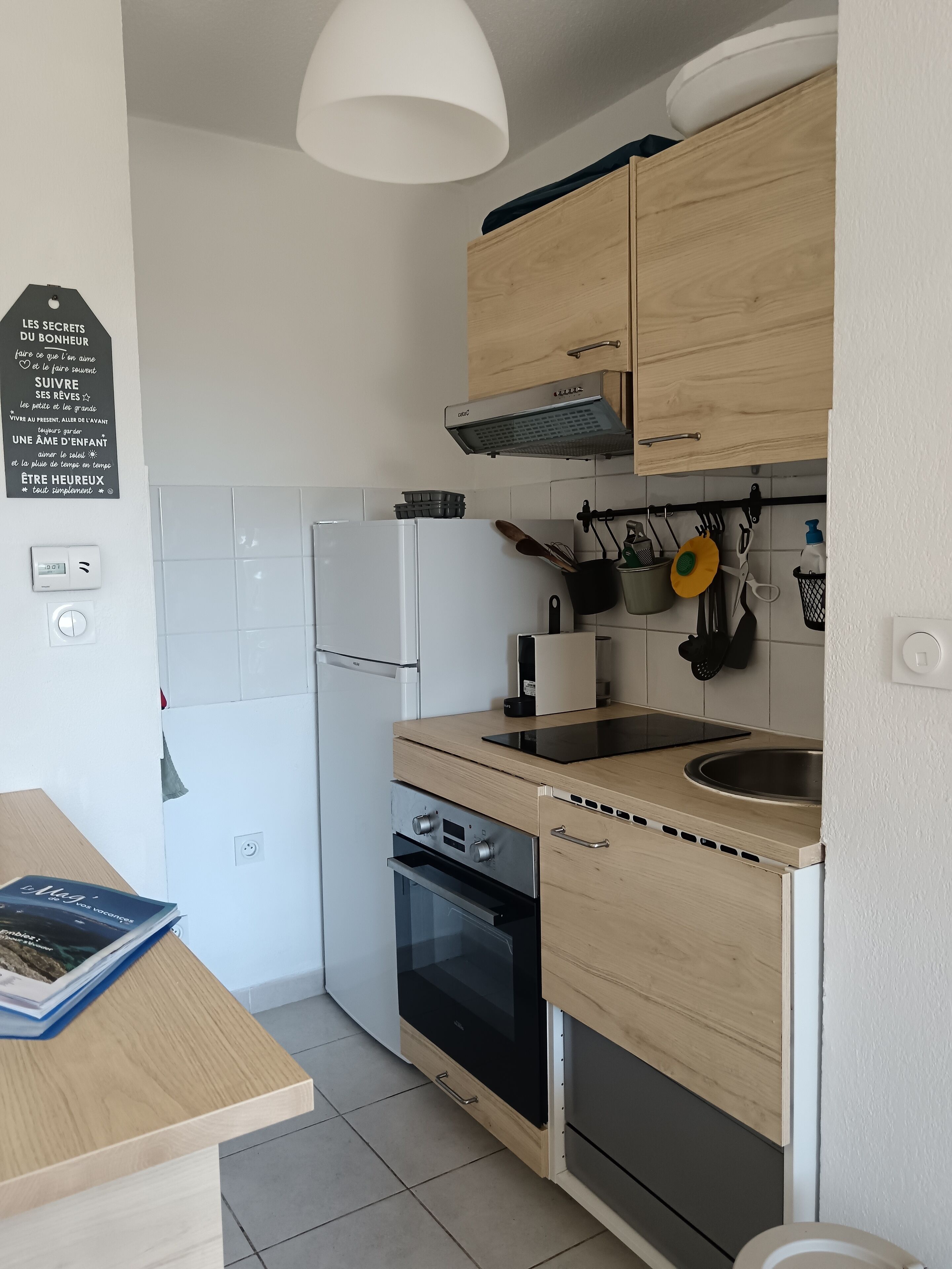 A compact kitchen with a refrigerator, oven, and wooden cabinets.