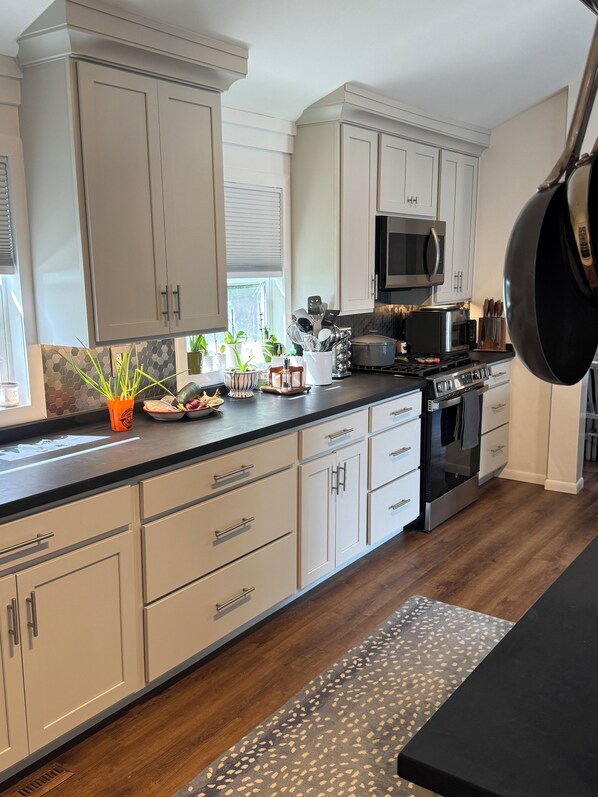 Fridge, microwave, oven, stovetop