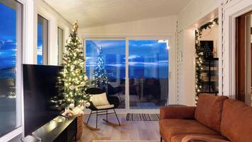 Télévision, cheminée, chaîne hi-fi, espaces bureaux