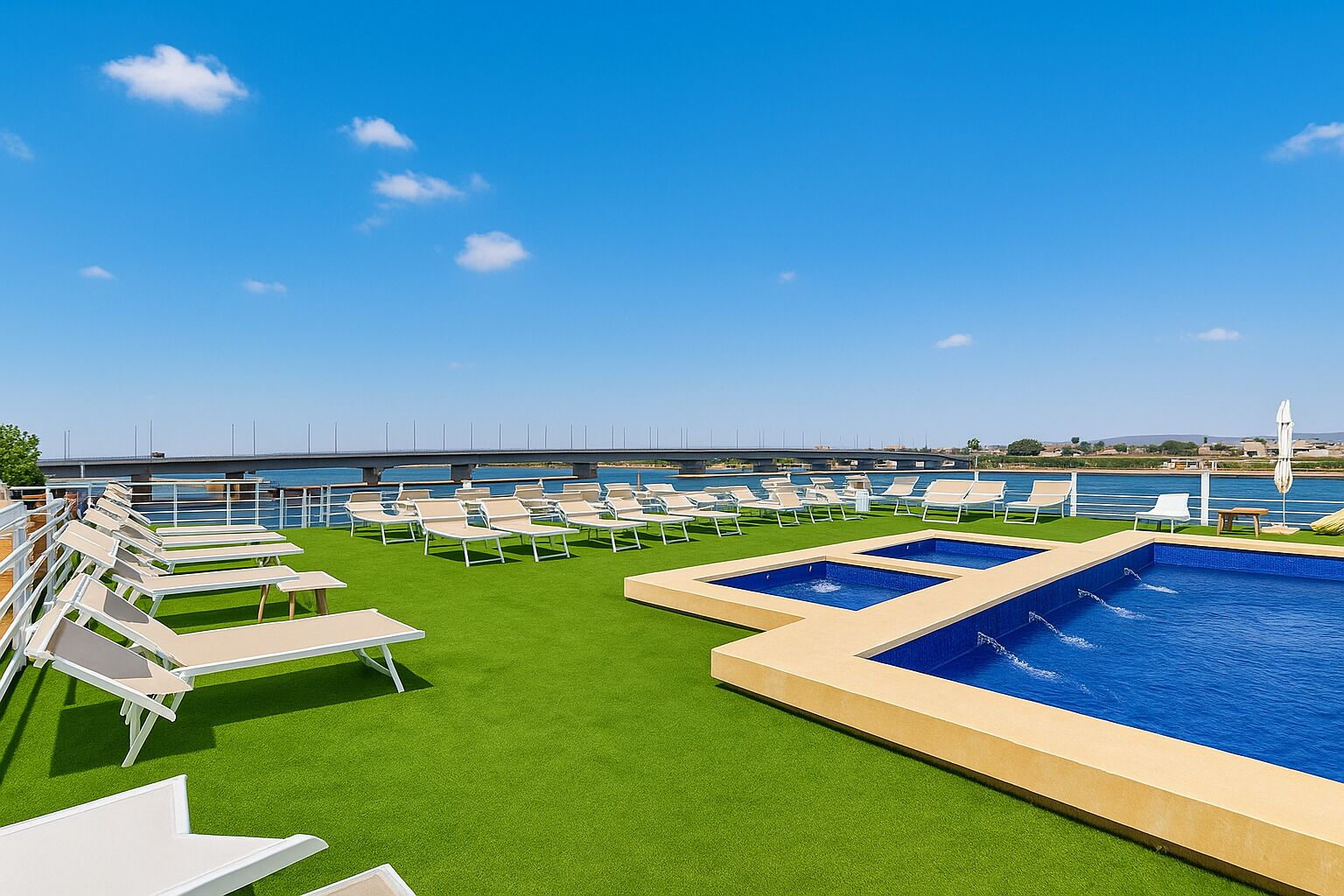 Outdoor pool, pool umbrellas, pool loungers