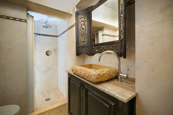 Shower, hair dryer, soap, shampoo