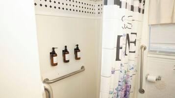 Hair dryer, towels, soap, shampoo