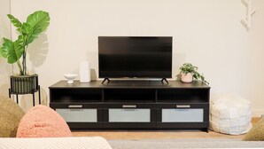 Un salon moderne avec un téléviseur à écran plat posé sur un meuble noir, une plante en pot et un petit tabouret blanc.