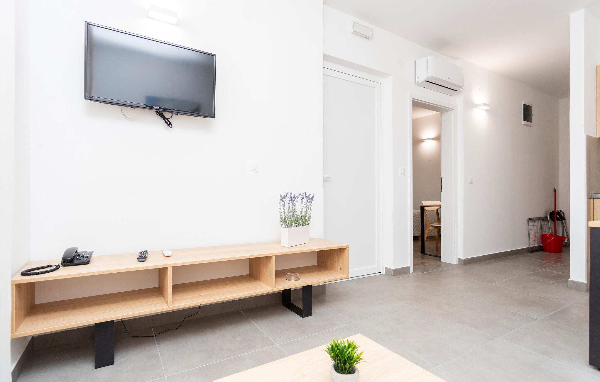 A modern living room with a flat-screen TV mounted on the wall, a wooden console table with a telephone and a small plant, and a potted plant on a coffee table.