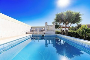 A clear blue swimming pool with a tiled edge, a stone wall, and a palm tree in the background.