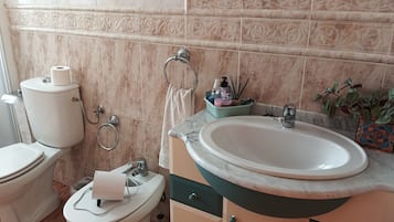 Regadera, secadora de cabello, bidet, toallas