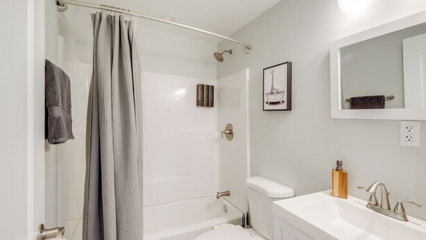 A bathroom with a shower, toilet, sink, and a mirror. - 1/2 Acre Pond, Rec Room! Private Oasis in Nanjemoy (Nanjemoy)