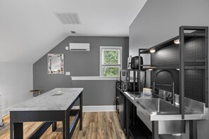 Fridge, microwave, coffee/tea maker, electric kettle