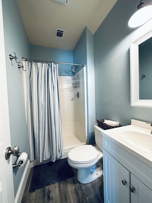 Hair dryer, towels, soap, toilet paper