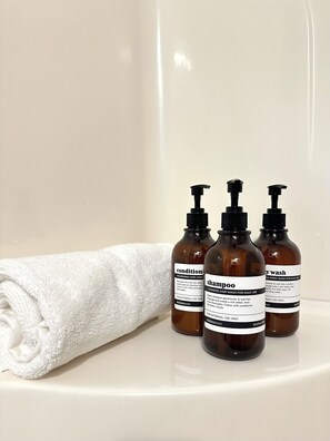 Hair dryer, towels, soap, shampoo