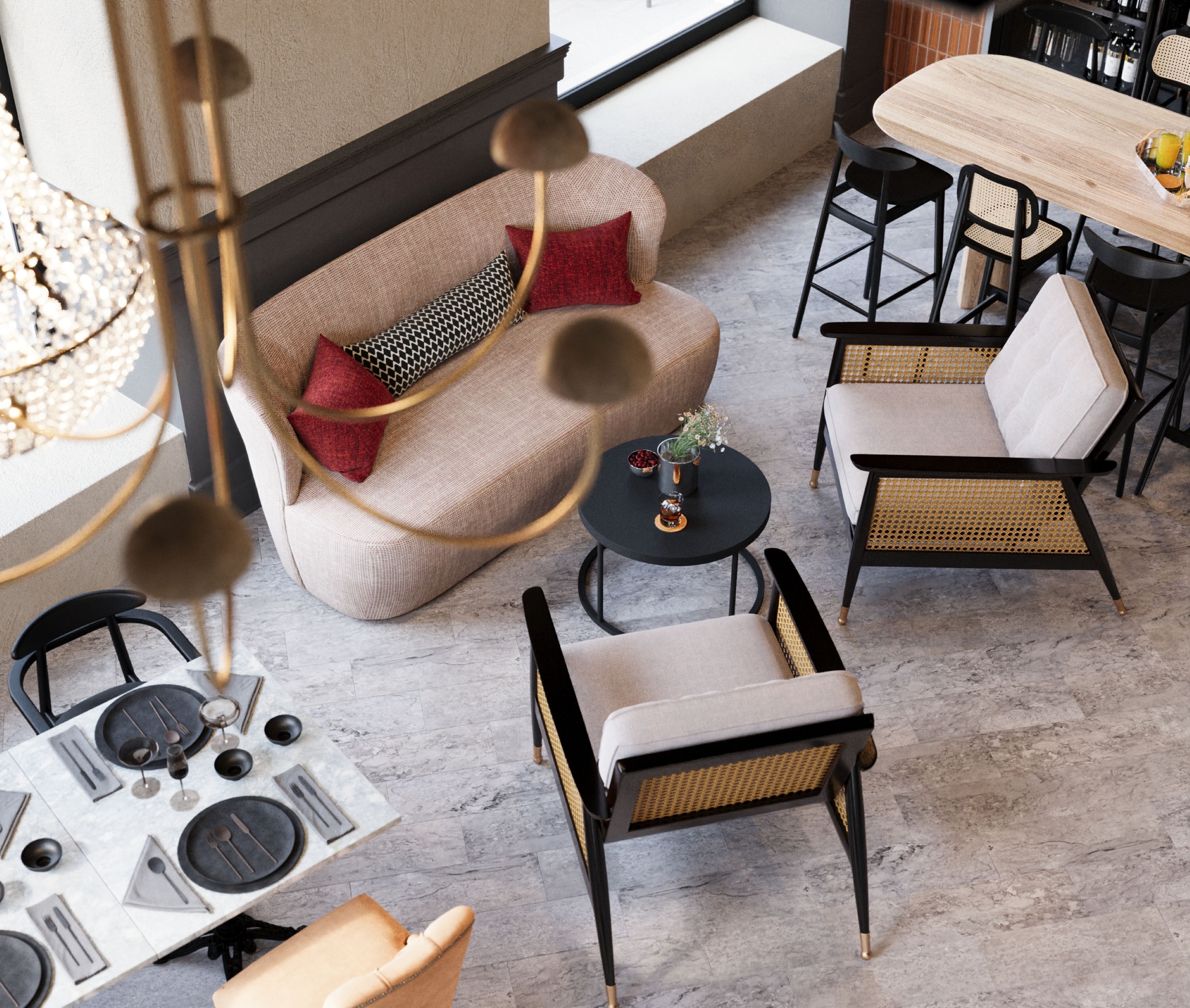 A modern living room with a sofa, chairs, a dining table, and a coffee table.