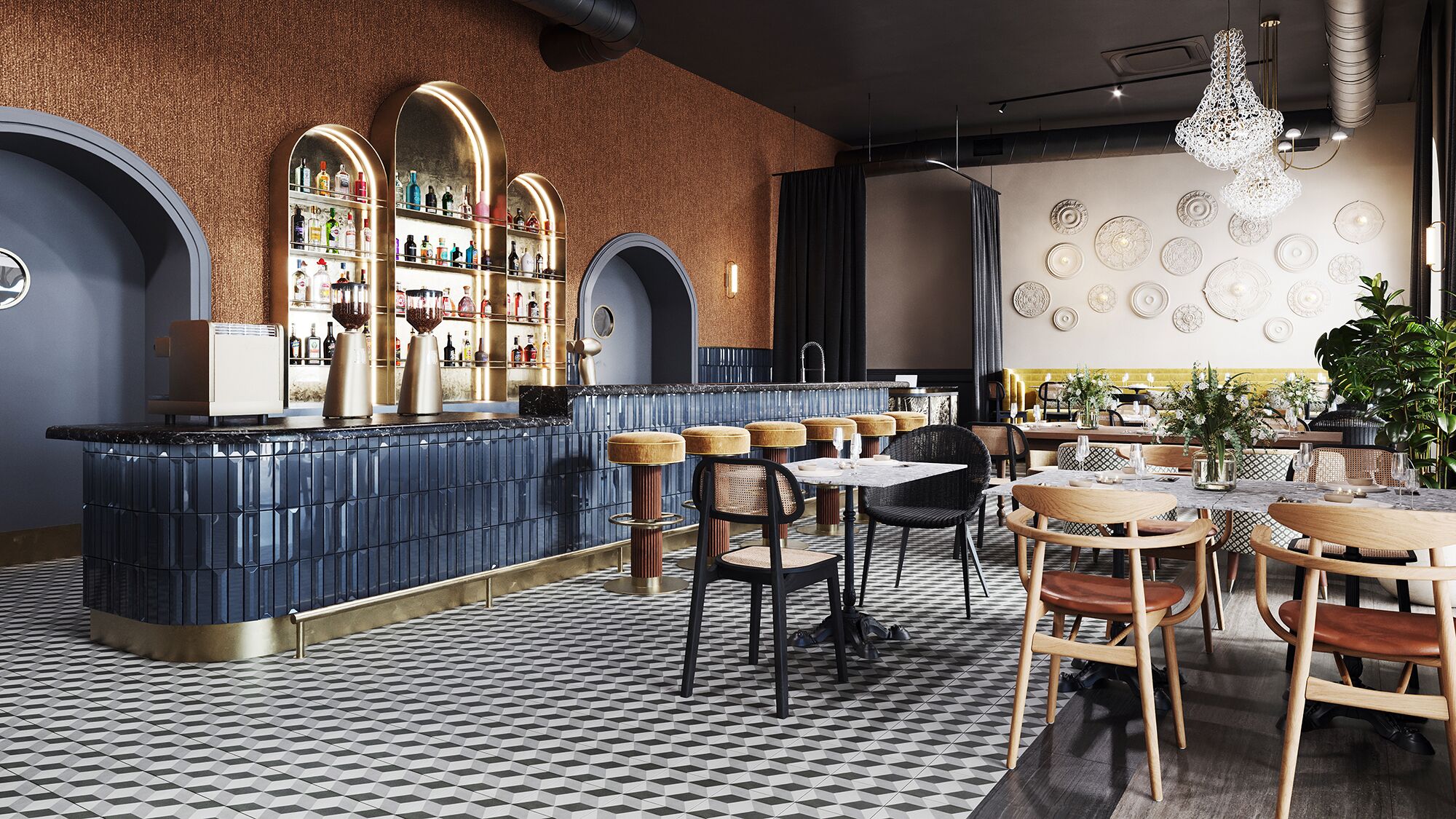 A bar area with a checkered floor, bar stools, and a counter with bottles.