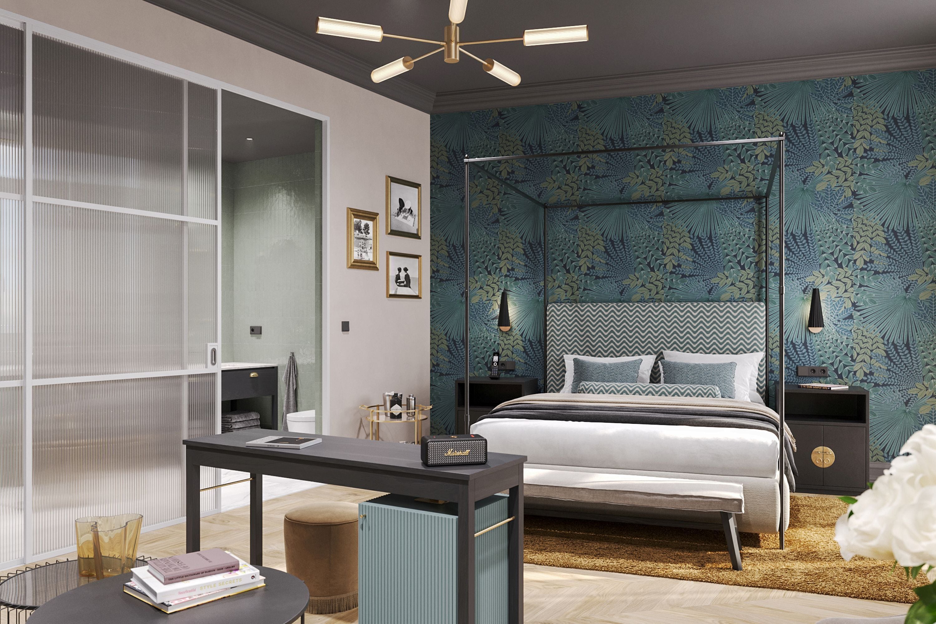 Un dormitorio moderno con una cama grande, una mesita de noche y un amplio ventanal con vistas.