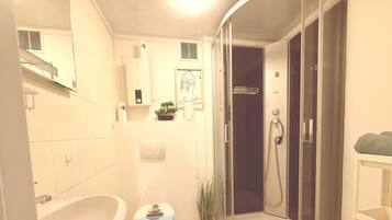 Shower, hair dryer, towels