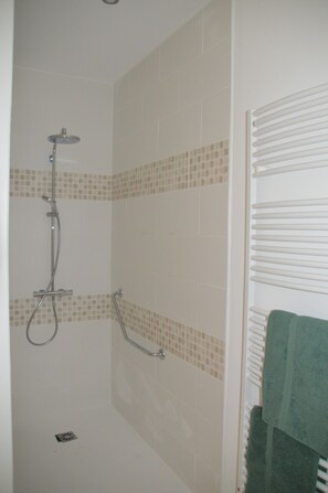 Hair dryer, towels, soap, toilet paper