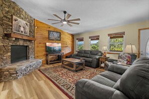 Smart TV, fireplace, foosball