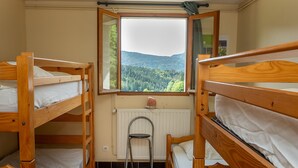 A room with bunk beds, a radiator, a window with a view of a forest, and a ladder. - Cottage "La Ferme de l’Ours" with Mountain View, Private Terrace and Wi-Fi (Entremont-le-Vieux)