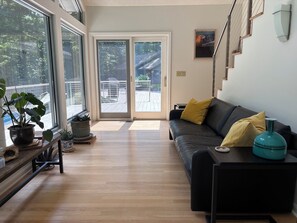 TV connectée, cheminée, livres