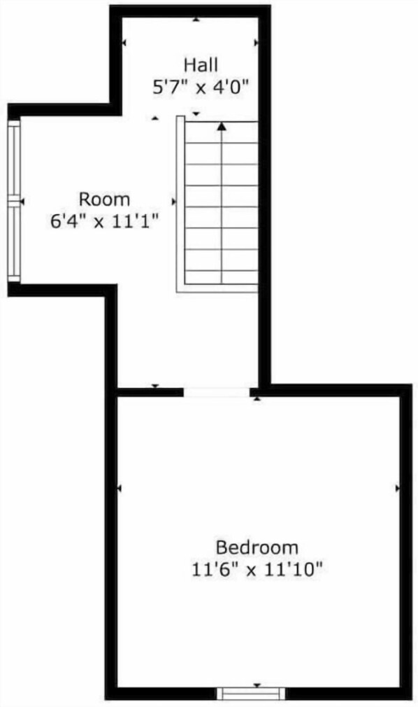 A floor plan with a hall measuring 5'7" x 4'0", a room measuring 6'4" x 11'1", and a bedroom measuring 11'6" x 11'10". - Historic District - Fully Stocked Kitchen-Sleeps 6 (Bedford)