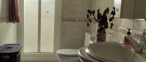 A bathroom with a toilet, bidet, and a large sink. There is a shower area with a glass door, and a trash bin is visible.