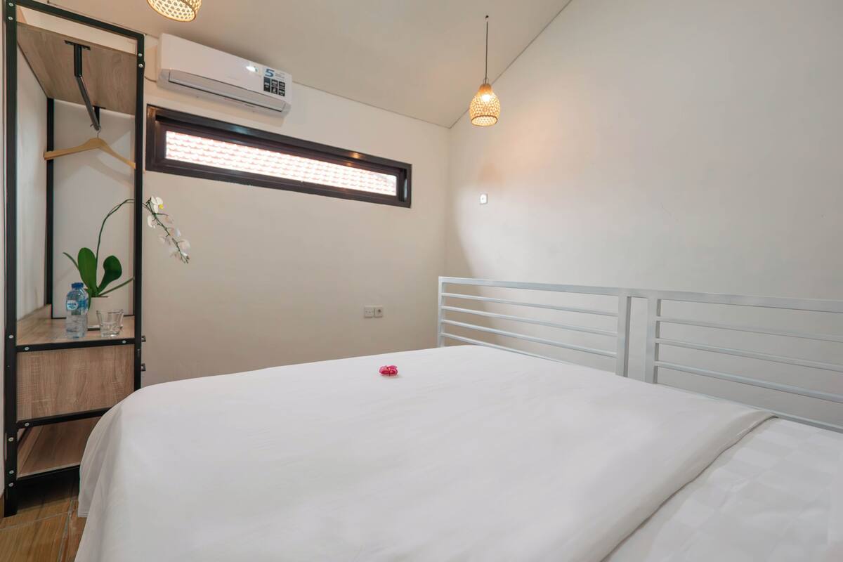 A hotel room with a bed, a bedside table with a water bottle and glasses, a hanging plant, and a window with a light fixture.