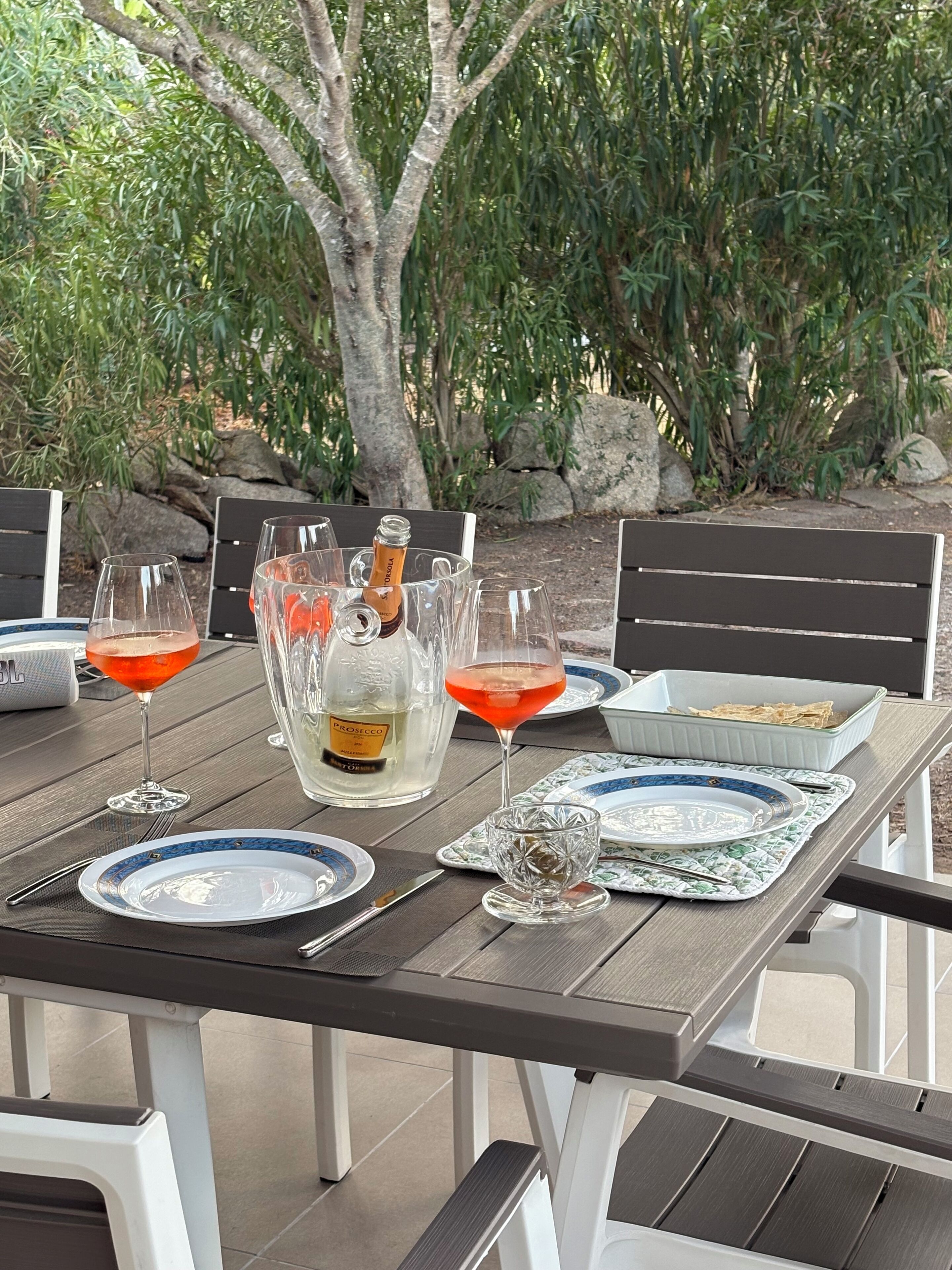 An outdoor dining table set with wine glasses, a bottle of Prosecco, and plates.
