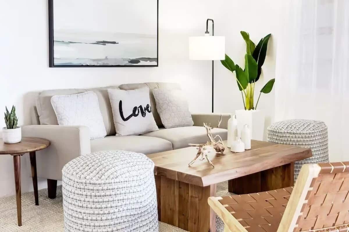 A modern living room with a sofa, a coffee table, a side table, and a potted plant.