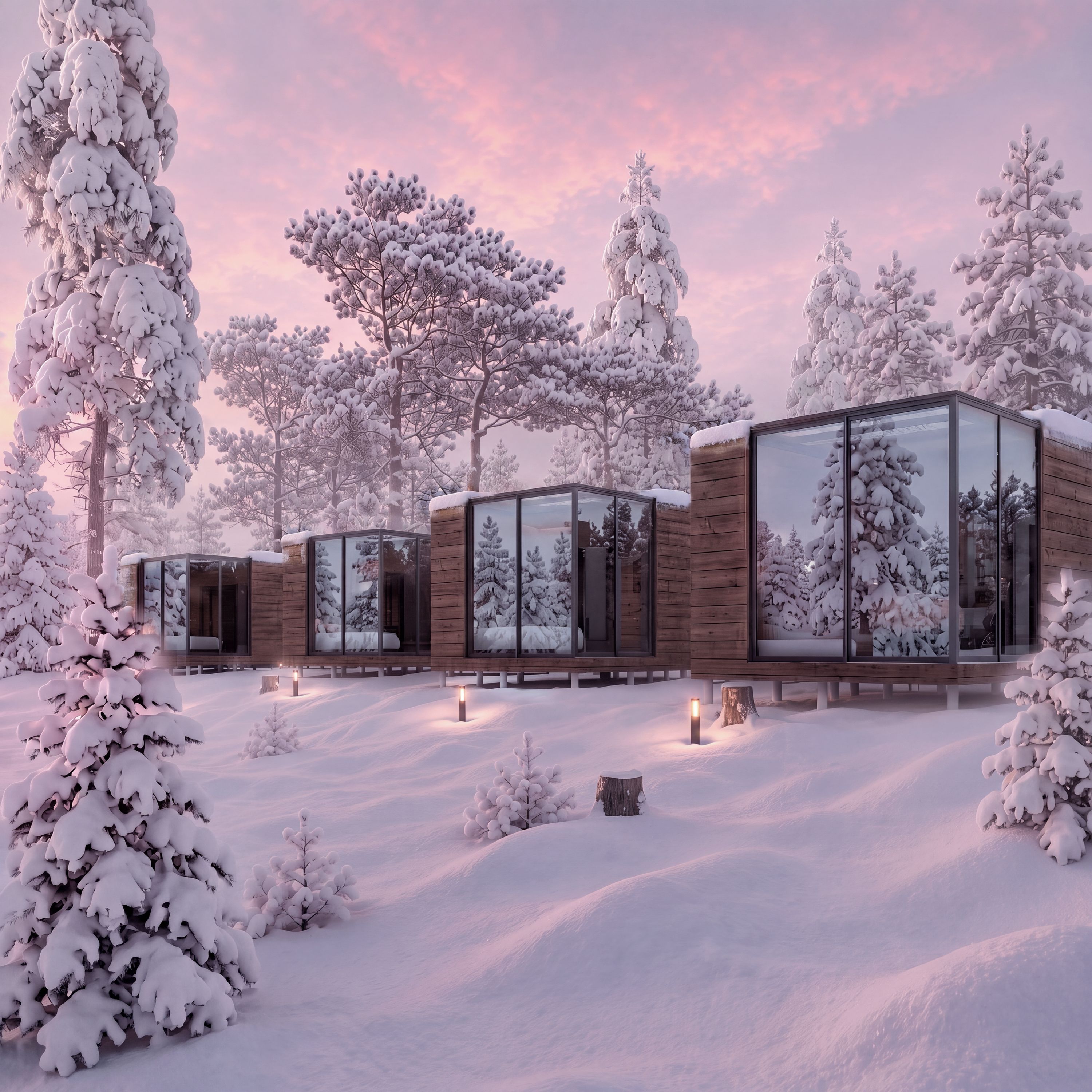 Moderni mökki, jossa on suuret lasi-ikkunat ja joka on lumipeitteisten puiden ympäröimä.