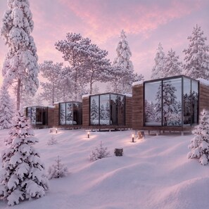 A modern cabin with large glass windows, surrounded by snow-covered trees.