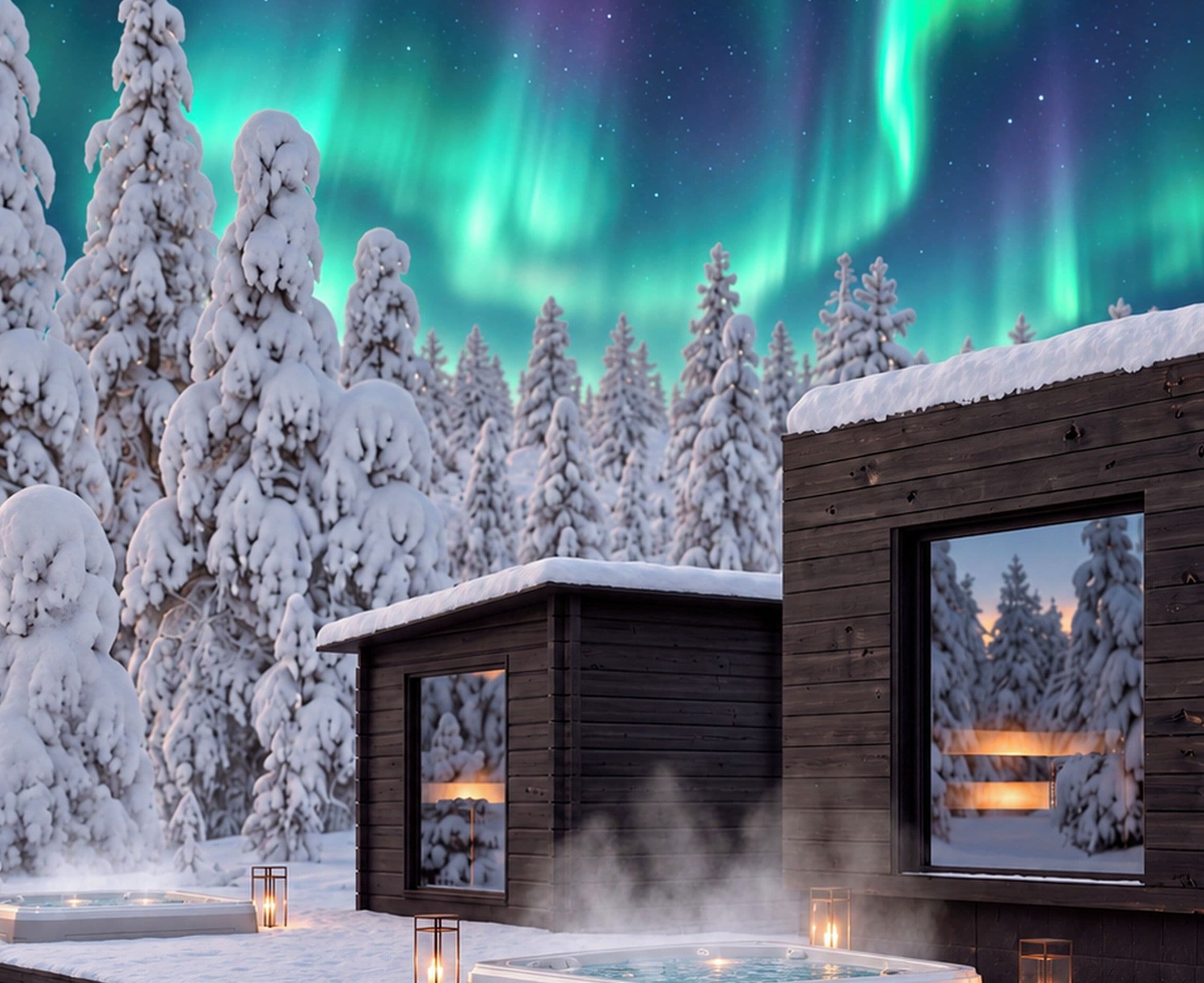 Eine Holzjagd-Hütte mit Whirlpool und Fenster mit Blick auf einen verschneiten Wald unter dem Polarlicht.