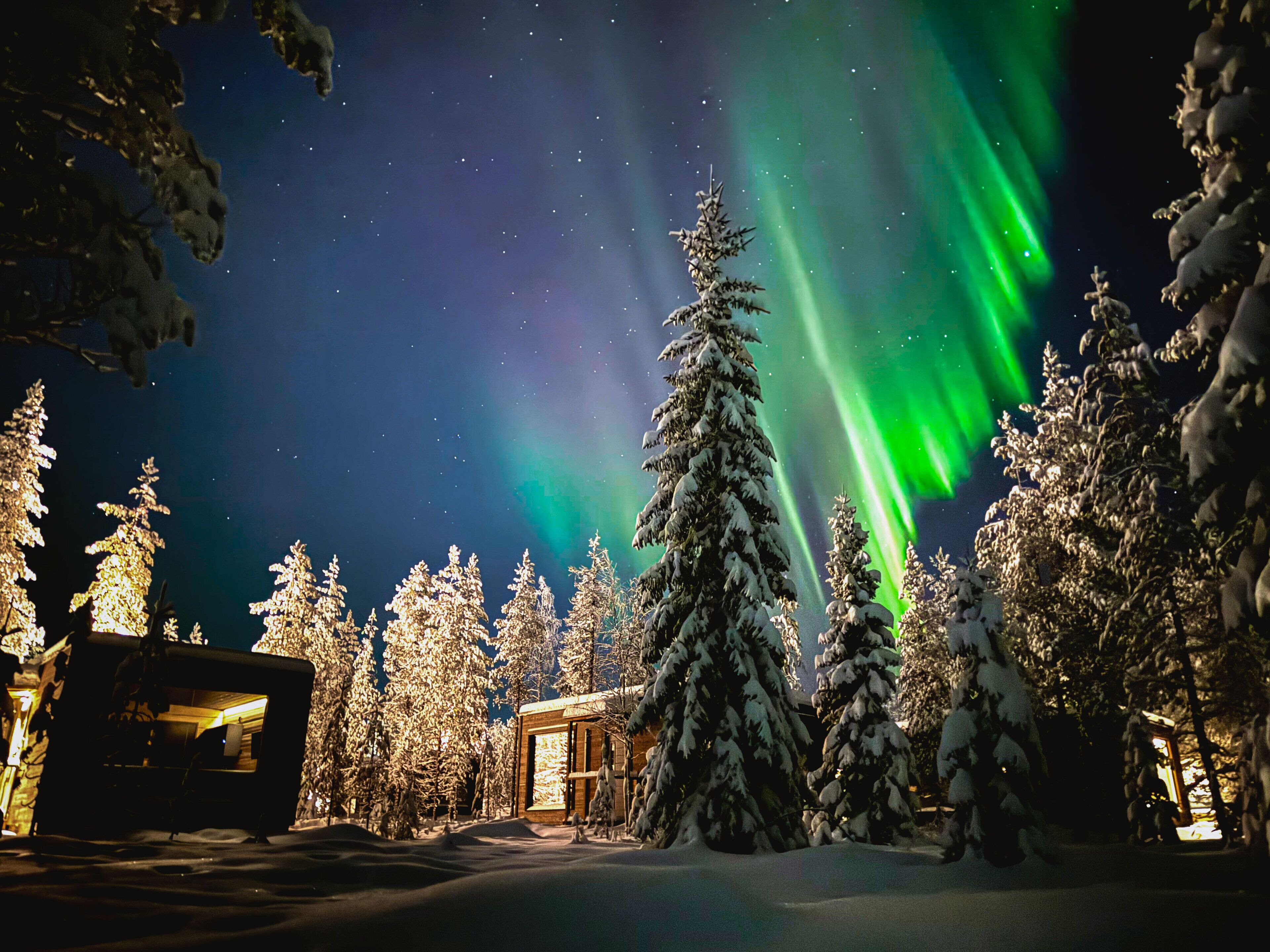 Een besneeuwd landschap met een houten hutje en sneeuwzware bomen, onder een nachthemel met het noorderlicht.