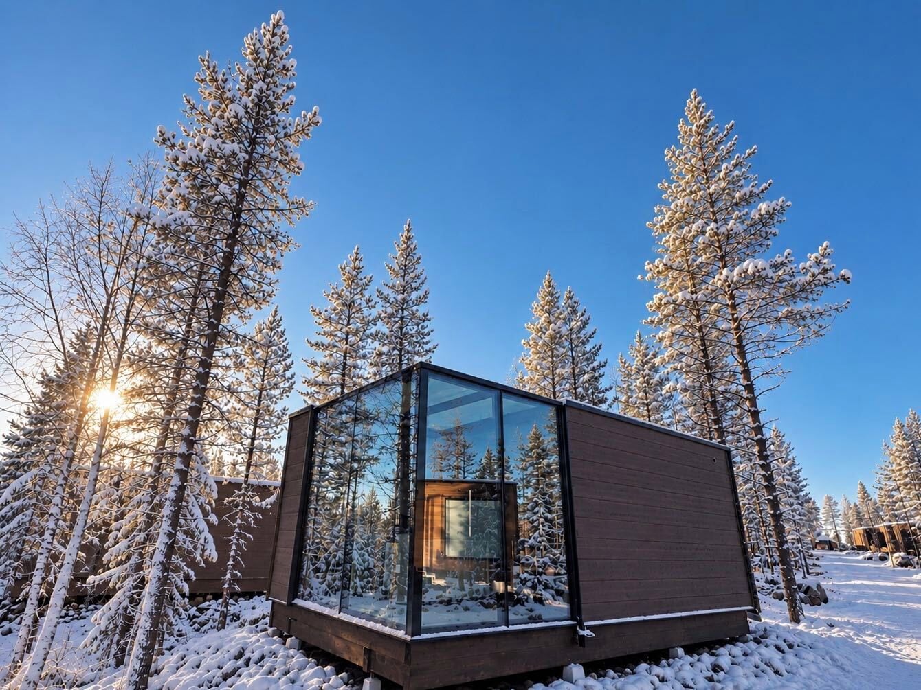 A modern glass structure surrounded by snow-covered trees.