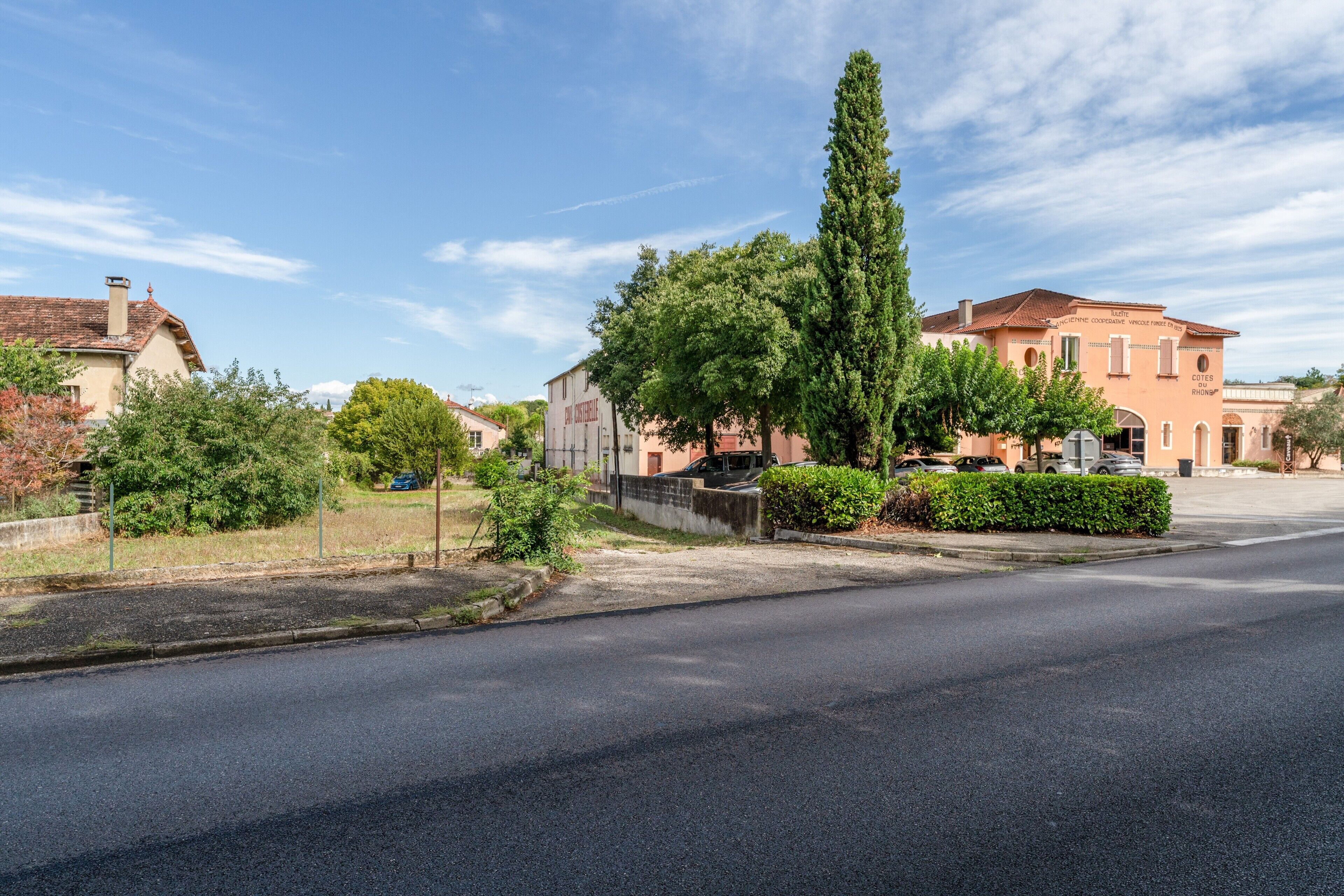 Une rue tranquille bordée de maisons, avec un grand arbre et un ciel dégagé.