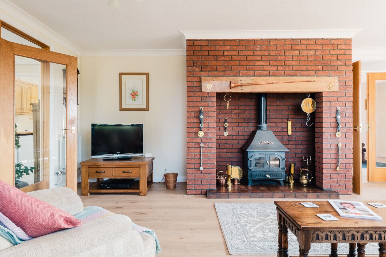 TV, fireplace, books, video library