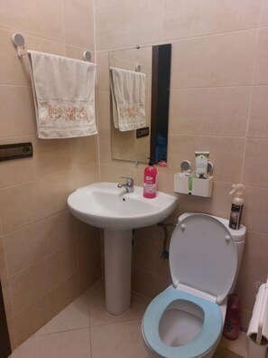 Secadora de cabello, toallas, jabón, papel de baño