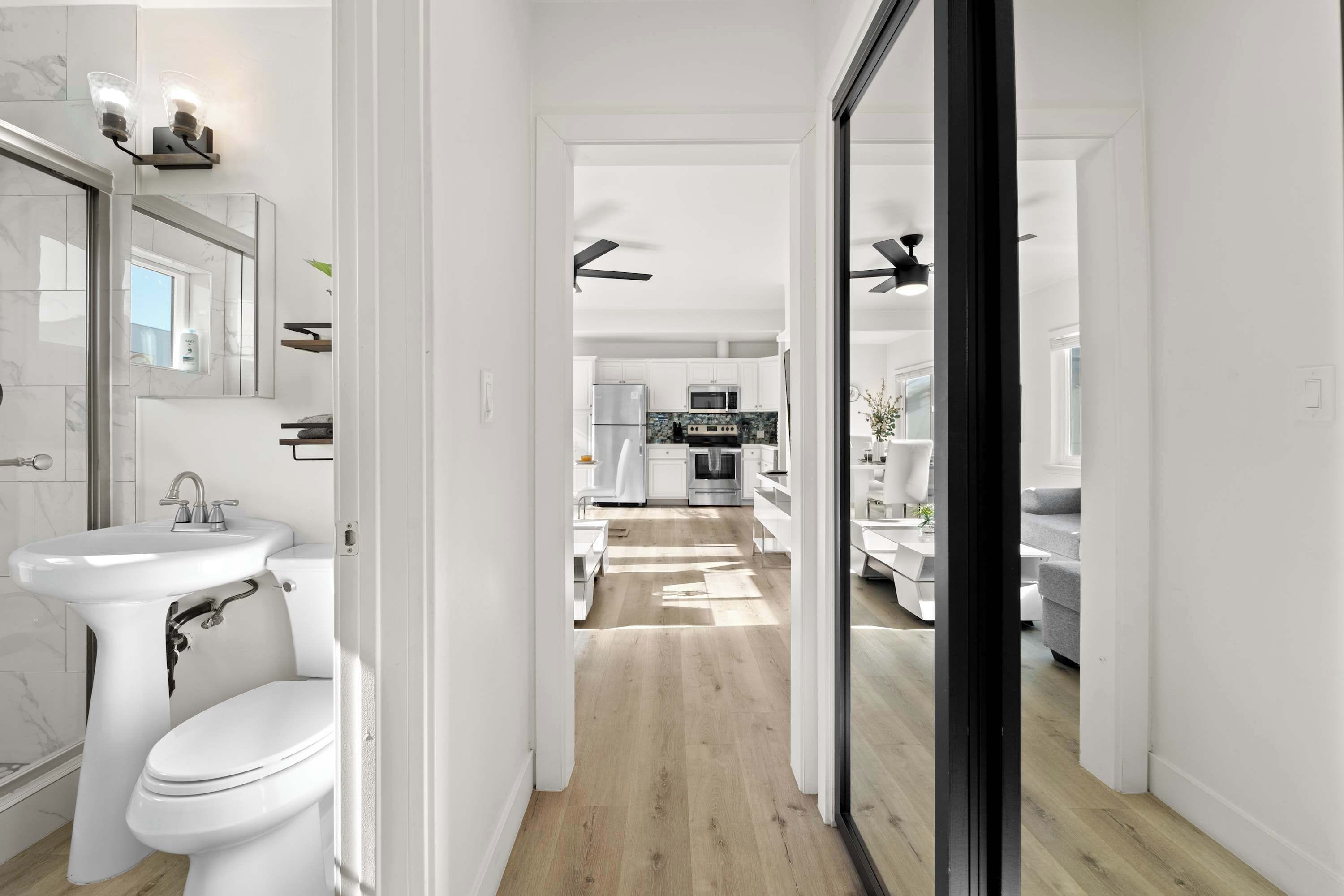 Shower, hair dryer, shampoo