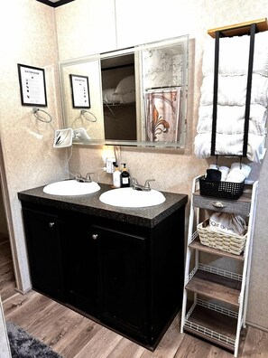 Shower, hair dryer, towels