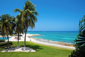 On the beach, sun-loungers, beach towels