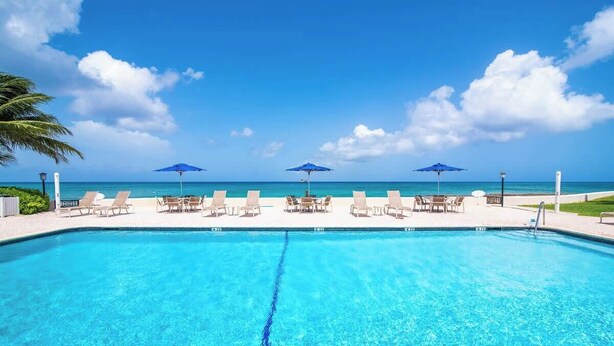 Een helderblauw zwembad met ligbedden en parasols, een palmboom en uitzicht op de oceaan.